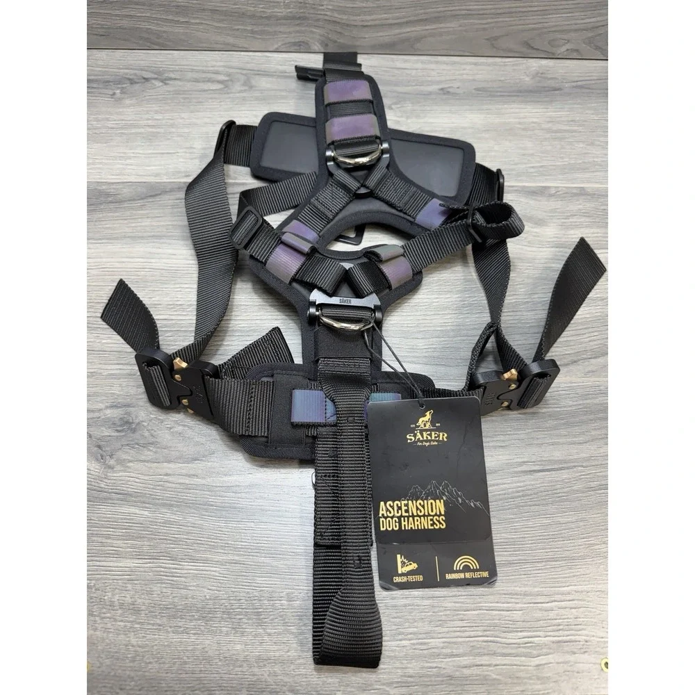 Saker Ascension Extended Dog Harness Black Sz Med/Large Rainbow Reflective NWT